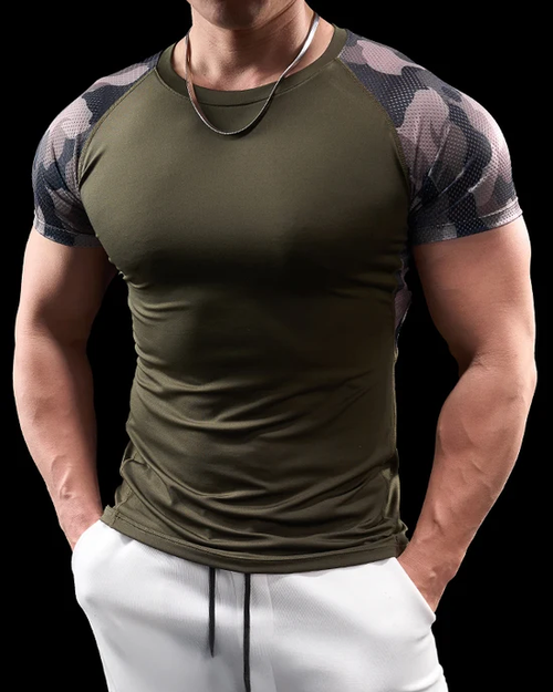 Camo Raglan Mesh Sleeves High Stretch Tee