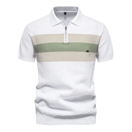 Men’s Textured Striped Zip Polo Shirt