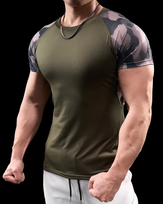 Camo Raglan Mesh Sleeves High Stretch Tee