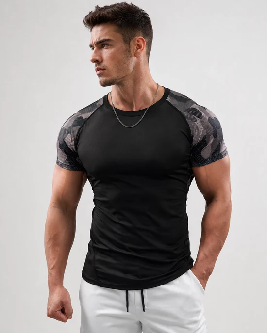 Camo Raglan Mesh Sleeves High Stretch Tee